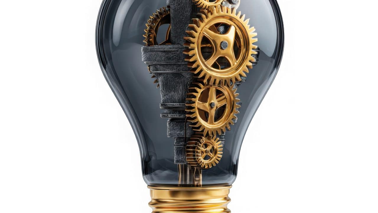 Intricate golden gears mechanism inside a clear glass light bulb symbolizing innovation and complex ideas isolated on transparent background